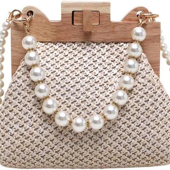 Straw Beach Bags For Women Summer Straw Cross-body Bag Raffia Handbag Pearls Pur - Picture 1 of 7